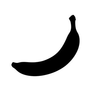 Può includere: Una silhouette nera solida di un frutto, una banana. Il grafico mostra la caratteristica forma curva della banana, incluso il gambo nella parte superiore e l'estremità leggermente affusolata nella parte inferiore, presentato come icona piatta.