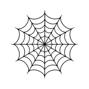 May include: A black and white graphic illustration of a spider web. The design features a central point with radiating lines extending outward, connected by concentric curved segments that form a symmetrical, circular web pattern.