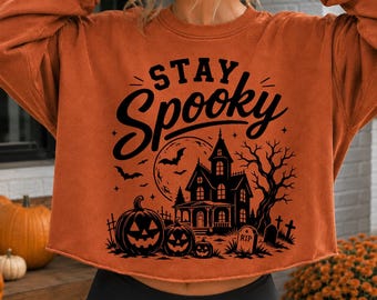 Stay Spooky PNG SVG, diseño de escena de calabaza de casa embrujada, clipart de camiseta de Halloween, regalo artístico