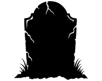 Tombstone PNG SVG, Black Cracked Halloween Clipart, Cemetery Grave Grass Design, Spooky Gothic Art
