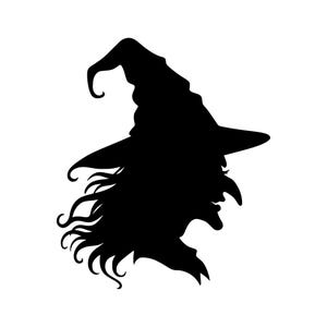 May include: A black silhouette graphic of a witch in profile, featuring a pointed hat with a curved tip, long flowing hair, and a prominent hooked nose. The design is rendered in solid black against a plain white background.