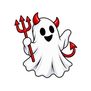 May include: A cartoon ghost illustration featuring a white sheet-covered figure with black oval eyes and a wide smile. The character has bright red horns, a red pointed tail, and is holding a red three-pronged pitchfork in one hand.