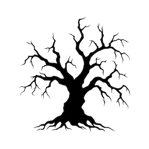 Puede incluir: Una silueta negra de un árbol sin hojas con un tronco grueso y nudoso y ramas retorcidas que se extienden. El árbol presenta raíces expuestas y extendidas en la base, creando un diseño gráfico de alto contraste sobre un fondo blanco.
