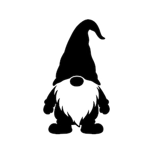 May include: A black and white graphic silhouette of a gnome. The figure features a tall, pointed hat that curves at the top, a large round nose, and a long, pointed beard. The design is solid black with a white beard and nose area.
