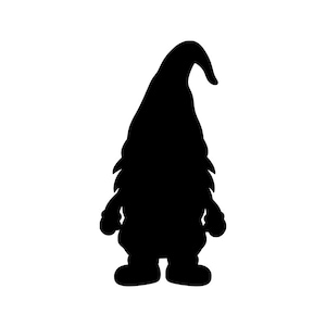 May include: A solid black silhouette of a gnome figure. The gnome features a tall, pointed hat that curves slightly at the top, a long beard, rounded hands, and two feet. The design is a flat, monochromatic shape against a plain background.