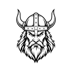 May include: A black and white graphic illustration of a Viking warrior head. The figure features a horned helmet with a central riveted band, a thick flowing beard, a prominent moustache, and an intense facial expression with sharp, focused eyes.