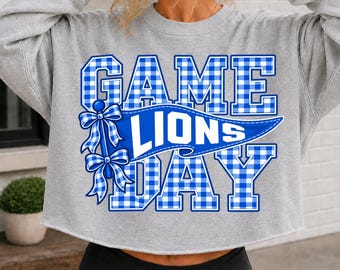 Lions-Spieltag PNG, Vichy-Karo Blau, Schleife mit Schulgeist, Wimpel-Sublimations-Shirt-Design