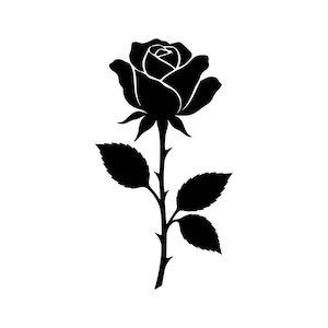 Könnte beinhalten: Eine einfarbige schwarze Silhouette einer einzelnen Rose mit langem Stiel, die drei markante Blätter und kleine Dornen am Stängel aufweist. Die Rosenblüte ist mit klaren, definierten Blütenblättern in einer klassischen Form dargestellt.