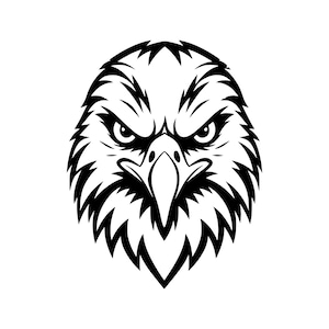 Può includere: Un'illustrazione grafica in bianco e nero di una testa di aquila rivolta in avanti. Il design presenta linee nette e angolari che definiscono le piume, un becco appuntito e occhi intensi e concentrati, creando una rappresentazione visiva audace.
