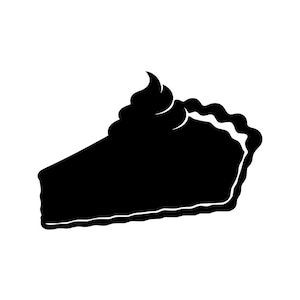Op de afbeelding: Een effen zwart silhouet van een enkel stuk taart. De afbeelding heeft een duidelijke driehoekige vorm met een geschulpte korstrand aan de achterkant en een toefje slagroom bovenop het oppervlak van het stuk taart.