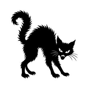 Puede incluir: Una silueta negra de un gato con el lomo arqueado, el pelaje erizado y la cola levantada y esponjosa. El gato tiene orejas puntiagudas, ojos blancos afilados y la boca abierta mostrando colmillos, en una postura defensiva con garras extendidas.