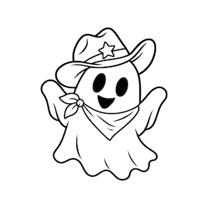 May include: A black and white line art illustration of a ghost wearing a cowboy hat with a star emblem on the front and a bandana tied around its neck. The ghost has two oval eyes and a wide, open mouth, with its arms raised in a cheerful pose.