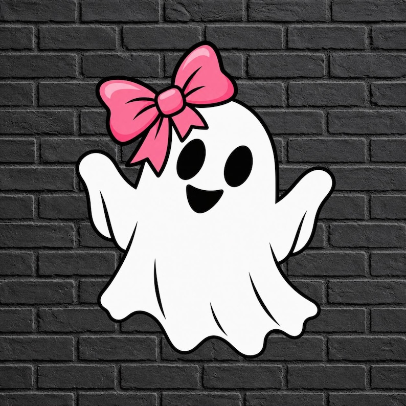 Pode incluir: Uma ilustra&ccedil;&atilde;o de um fantasma de desenho animado branco com um grande la&ccedil;o cor-de-rosa na cabe&ccedil;a. O fantasma tem dois olhos ovais pretos e uma boca preta larga e sorridente. O design &eacute; contornado por linhas pretas grossas, criando um personagem.