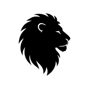 May include: A solid black silhouette graphic of a lion head shown in profile, facing toward the right. The design features sharp, pointed edges along the mane and a distinct, recognizable outline of the lion's facial features and ears.