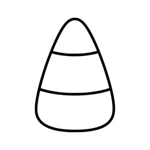 Op de afbeelding: Een eenvoudige zwart-wit lijntekening van een candy corn snoepje. De afbeelding toont een driehoekige vorm met afgeronde hoeken, verdeeld in drie horizontale secties door twee duidelijke zwarte lijnen, wat een klassieke kegelvorm creëert.