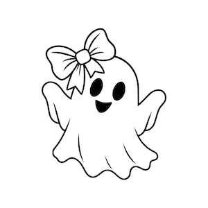May include: A black and white line art illustration of a small ghost character. The ghost has a rounded head, two oval eyes, and a wide smiling mouth. A large, detailed bow is positioned on the upper left side of the ghost's head.