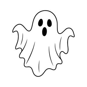 Puede incluir: Una ilustración sencilla de arte lineal en blanco y negro de un fantasma. El fantasma tiene una cabeza redondeada, dos ojos ovalados y una boca ovalada con expresión de sorpresa. El cuerpo está drapeado con bordes ondulados y fluidos.