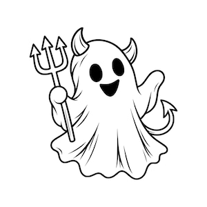 May include: A black and white line art illustration of a ghost character with two horns on its head, a pointed tail, and a wide smiling mouth. The ghost is holding a three-pronged pitchfork in one hand and has large, oval-shaped black eyes.