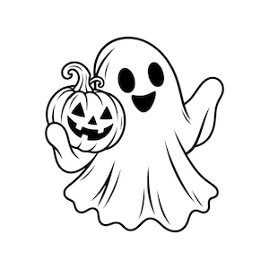 May include: A black and white line art illustration of a friendly ghost with oval eyes and a wide smile, holding a small jack-o'-lantern pumpkin with a carved triangular face and a stem. The ghost has a rounded head and a flowing, draped body shape.