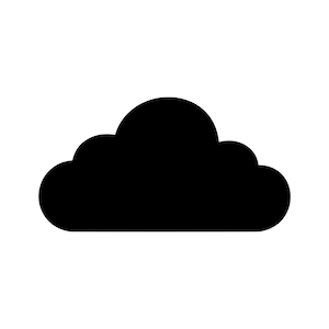 Op de afbeelding: Een effen zwart silhouet in de vorm van een wolk. De afbeelding heeft een afgeronde, meervoudig gelobde bovenrand en een vlakke horizontale basis, wat een eenvoudige en herkenbare weersicoon van een enkele cumuluswolk vormt.