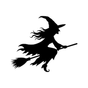 Peut inclure: Une silhouette graphique noire représentant une sorcière portant un chapeau pointu et une robe en lambeaux, volant dans les airs sur un balai. La figure présente de longs cheveux flottants et une chaussure pointue, vue de profil.