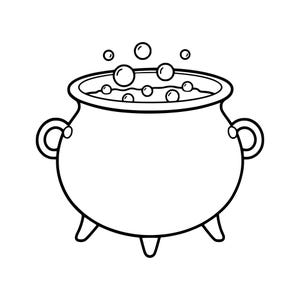 Puede incluir: Una ilustración de arte lineal en blanco y negro de un caldero redondo de tres patas con dos asas laterales. El caldero está lleno de un líquido que contiene varias burbujas circulares de distintos tamaños que emergen de la superficie.
