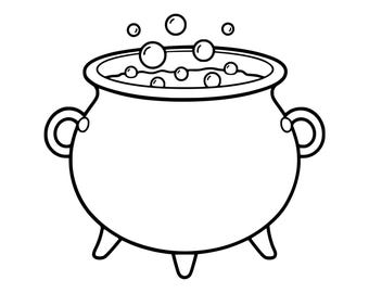 Desenho de caldeirão em PNG e SVG, página para colorir de poção de bruxa, Halloween, design de bruxa, download digital, gráfico