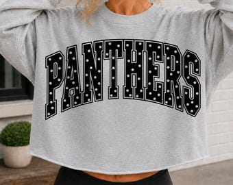 Panthers-Punkte-Clipart, Varsity-PNG, schwarze Bogenbuchstaben, Schulmaskottchen-Design, transparenter Hintergrund, Teamgeist, Spieltagsgrafik
