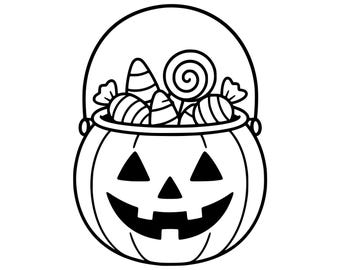 Balde de doces PNG SVG, Abóbora de Halloween, Desenho para colorir de travessuras e gostosuras, Desenho infantil de Halloween