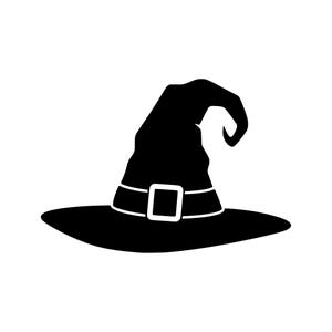 Könnte beinhalten: Eine einfarbige schwarze Silhouette eines spitzen Hutes mit breiter Krempe und gebogener Spitze. Der Hut verfügt über ein Band um die Basis mit einem rechteckigen Schnallendetail in der Mitte, dargestellt in einem einfachen, kontrastreichen Stil.