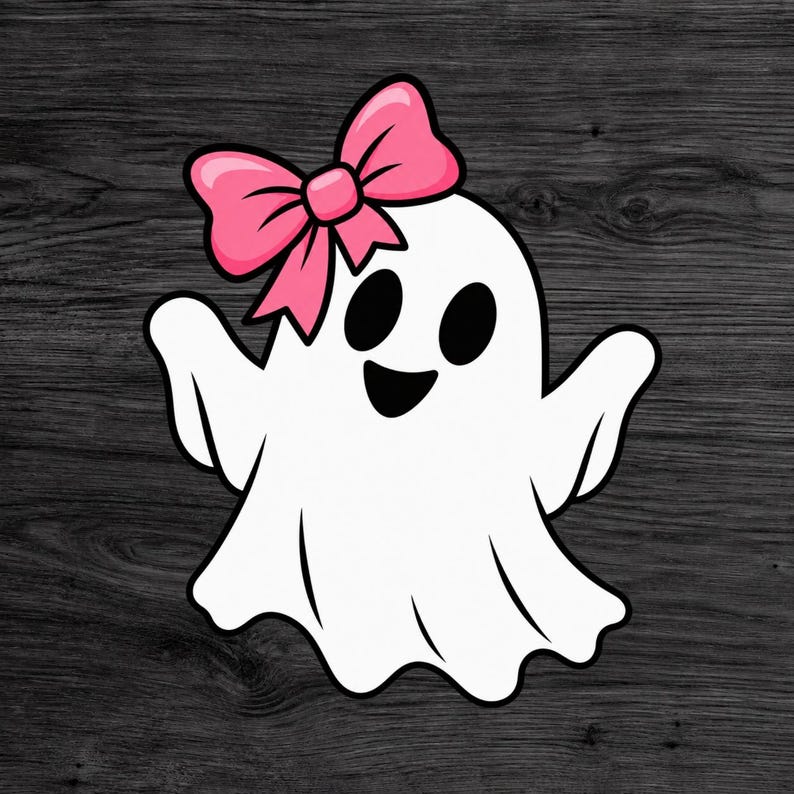 Pode incluir: Uma ilustra&ccedil;&atilde;o de um fantasma branco com um grande la&ccedil;o cor-de-rosa na cabe&ccedil;a. O fantasma tem dois olhos ovais pretos e uma boca larga e sorridente preta. A personagem &eacute; representada com os bra&ccedil;os estendidos e uma borda inferior ondulada.
