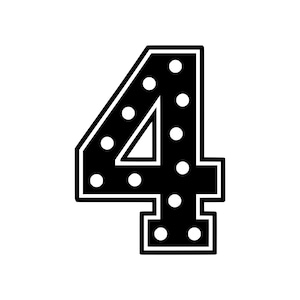 Könnte beinhalten: Eine schwarze Grafik der Zahl Vier mit einer weißen Umrandung und einem Muster aus weißen Punkten, die über die Oberfläche der Ziffer verteilt sind. Das Design ist flach und kontrastreich und zeigt eine fette Schriftart im Blockstil.