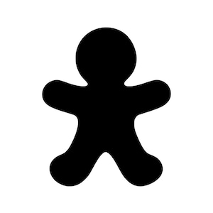 May include: A solid black silhouette of a gingerbread person shape. The figure features a rounded head, two outstretched arms, and two legs, all rendered in a simple, smooth, and symmetrical outline against a plain white background.