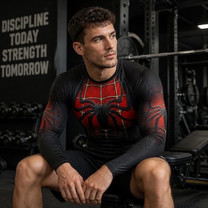 Puede incluir: Una camiseta de compresión de manga larga con un patrón de telaraña rojo y negro y un gran emblema de araña negra en el pecho. El diseño se extiende por los hombros y las mangas, creando un aspecto gráfico cohesivo en la prenda deportiva.