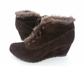 Cute CATHIE'S Suede and Fur Booties wedge heels shoes 9