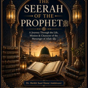 May include: A book cover titled The Seerah of the Prophet, A Journey Through the Life, Mission & Character of the Messenger of Allah by Dr. Sheikh Saad Slaoui Andaloussi. It features an open book, stacked leather-bound volumes, and lanterns.