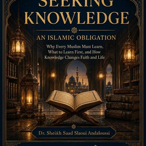Op de afbeelding: Een boekomslag getiteld Seeking Knowledge: An Islamic Obligation door Dr. Sheikh Saad Slaoui Andaloussi. Het ontwerp toont een open boek op een standaard, verlichte lantaarns en een moskee tegen een donkerblauwe, versierde achtergrond.