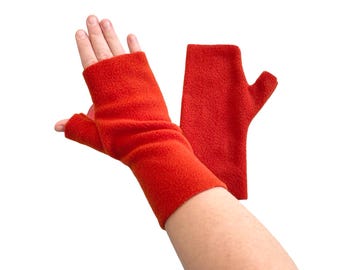 Rust orange fleece gloves for women handmade gift for women for mum winter arm wrist warmers fingerless typing gloves mittens
