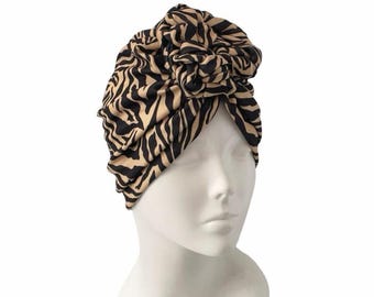 Handmade chain knot turban hat soft elastic pre tied turban head wrap for women hair loss alopecia chemo head scarf zebra print retro hat