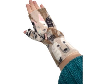 Fingerless dog print fleece gloves warm wrist warmer winter mittens gift for dog lovers mom handmade dog walking gifts for women