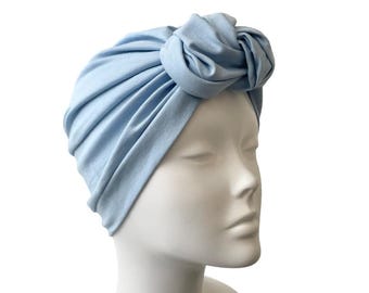 Cotton chemo turban light blue stretchy unique pastel knot turban for women fashion high quality high end turban alopecia hair loss gift