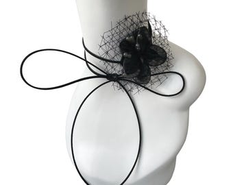 Choker necklace Black elegant flower corsage choker necklace with white pearls inside the petals for women handmade minimal floral neck tie