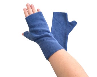Fingerless denim blue fleece gloves for women winter arm wrist warmers typing gloves gift for women for her