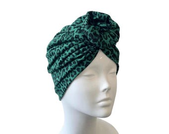 Turban hat for women green leopard print retro vintage style head wrap hair loss alopecia pre tied head scarf chemo head covering beanie cap
