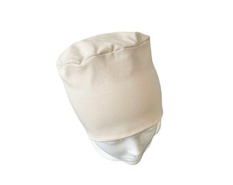 Beige Cotton Turban Beanie Hat | Sleep Cap for Chemo, Alopecia & Hair Loss | Seamless Comfy Headwear for Women for Sensitive Head Scalps