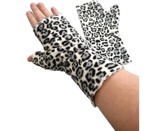 White and black leopard fleece fingerless gloves soft cosy warm texting arm warmer gloves mittens autumn winter gift for her women