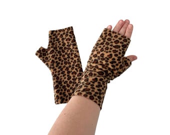 Leopard print fingerless gloves soft patterned fleece texting wrist warmer gloves mittens gift for her women autumn winter accessory