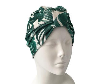 Turban hat for women white green leaf print knot head scarf soft crepe jersey chemo alopecia turban head wrap cap headwear hair loss