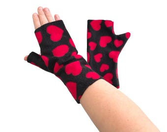 Black fingerless arm warmer mittens with red hearts soft cosy winter fleece gloves for women valentines day gift for her