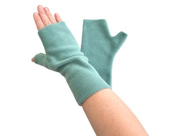 Pastel green fingerless arm warmer mittens soft cosy winter fleece gloves for women fingerless dog walking gloves fall clothing gift for mom